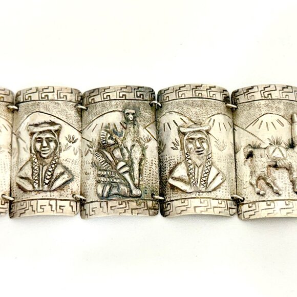 Vintage Peruvian Storyteller Panel Bracelet 900 Silver Signed - Picture 5 of 11